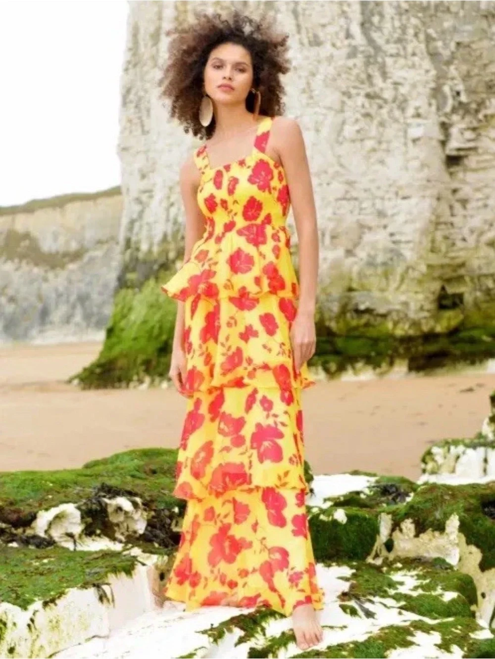 Ro&Zo Yellow+Cerise Floral Strappy Tiered Lined Chiffon Maxi Dress SZ 14UK 10US